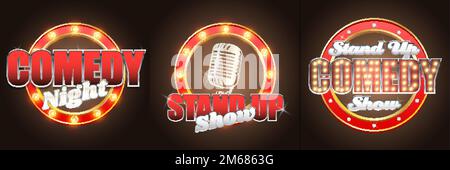 Vector set of stand up comedy show retro banners labels Stock Vector