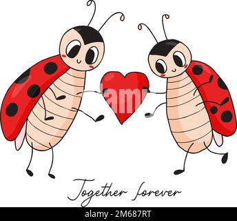 Valentine card with cute ladybugs. Loving couple of funny insects ladybird with heart. Together forever. Vector illustration. Hand drawn doodle style Stock Vector
