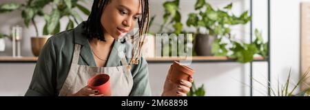 african american florist with braids choosing flowerpots while working in shop, banner,stock image Stock Photo