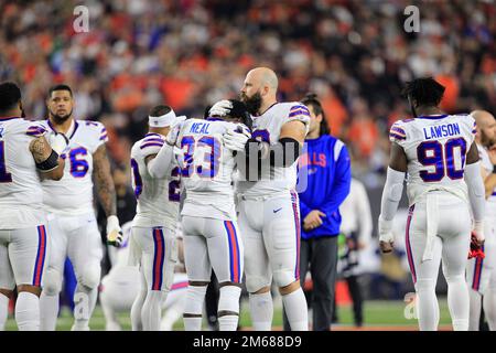 Chicago, United States. 24th Dec, 2022. Buffalo Bills safety Damar Hamlin  (3) celebrates a fumble recovery by teammate Tim Settle during the Bills  35-13 Christmas Eve win over the Chicago Bears at