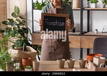 cropped view of african american florist in apron holding board with franchise lettering near plants and flowerpots on blurred foreground,stock image Stock Photo
