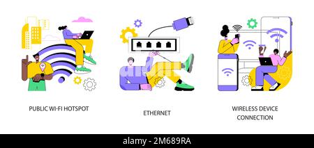 Data transfer abstract concept vector illustration set. Public wi-fi hotspot, ethernet technology, wireless device connection, web infrastructure, com Stock Vector