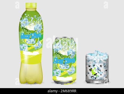 Green iced tea package mockup set. Vector realistic illustration of ice tea plastic bottle, aluminium can with labels and glass with ice cubes and lem Stock Vector