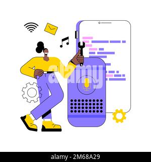 Smart speaker apps development abstract concept vector illustration. App development platform, smart speaker application, voice assistant, speech reco Stock Vector