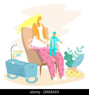 Vector flat illustration of young woman sitting in armchair with kid on her knees, crib and cat lying on floor. Happy motherhood, baby care concept fo Stock Vector