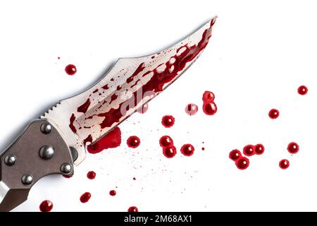 Drops of blood from a murder knife on white background Stock Photo