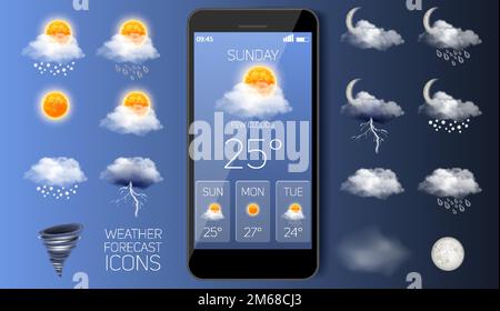 Weather forecast widget app vector realistic application Stock Vector