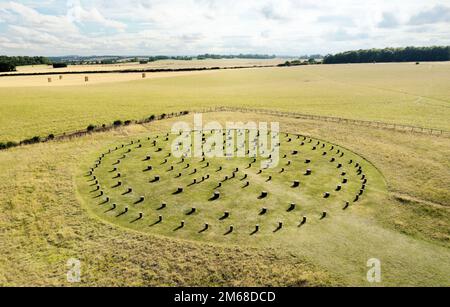 Woodhenge. Posts mark site of major prehistoric Neolithic concentric timber circles and henge enclosure 2 km N.E. of Stonehenge. Aerial view to S.W. Stock Photo