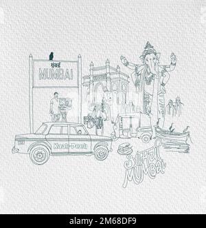 Mumbai city Line art Background India Maharashtra metro city. Mumbai Maharashtra monument landmark famous place, BOMBAY city panoramic sketch drawing. Stock Photo