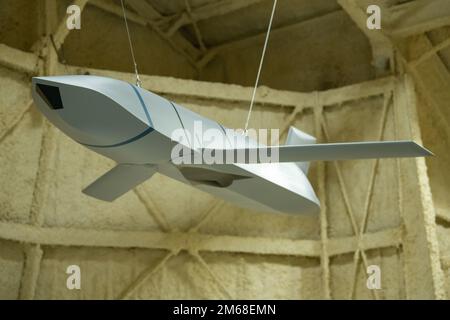 A Joint Air-to-Surface Standoff Missile (JASSM) hangs inside the South Dakota Air and Space Museum, April 18, 2022. On April 14th, 2018, the 34th Bomb Squadron used the JASSM for the first time on a combat mission to Barzah, Syria. Stock Photo