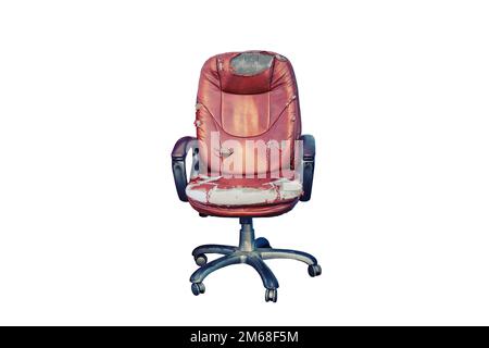 Old leather computer chair thrown into the street, bankrupt concept and business problems, isolated on a white background Stock Photo