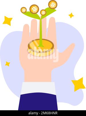 Business hand holding gold coins with tree grow. Investment concept Stock Vector