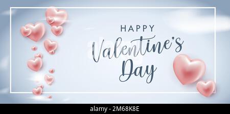Valentine 3D heart flying on blue background. Vector postcard for Valentine's Day greeting card design. Stock Vector