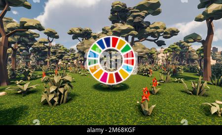 Graphic resources for sustainable development goals, biodiversity, a growing economy and ecology. 3D render and low poly Stock Photo