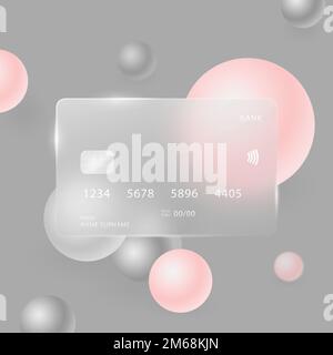 A credit card in the style of glasmorphism on an abstract gray background. Stock Vector