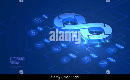 DevOps in a futuristic digital style. The infinity sign as a symbol of the software development life cycle. Isometric vector illustration Stock Photo