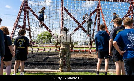 Highschools from the Killeen Independent School District and surrounding areas visited Fort Hood, Texas on April 19, 2022. The students participated in several obstacles courses while learning about the seven Army values. Stock Photo