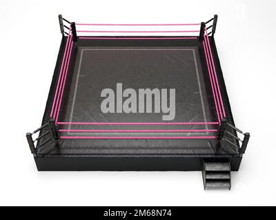 A modern oversized wrestling ring with pink ropes and a black canvas surface on an isolated white studio background - 3D render Stock Photo