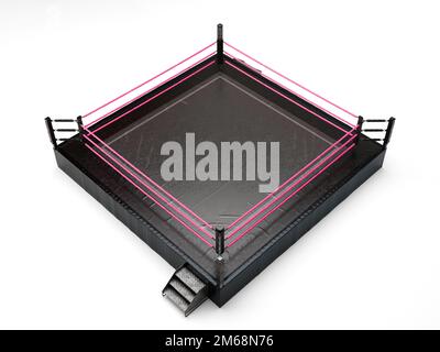 A modern oversized wrestling ring with pink ropes and a black canvas surface on an isolated white studio background - 3D render Stock Photo