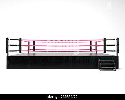 A modern oversized wrestling ring with pink ropes and a black canvas surface on an isolated white studio background - 3D render Stock Photo