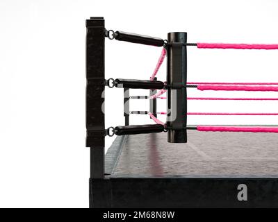 A modern oversized wrestling ring with pink ropes and a black canvas surface on an isolated white studio background - 3D render Stock Photo