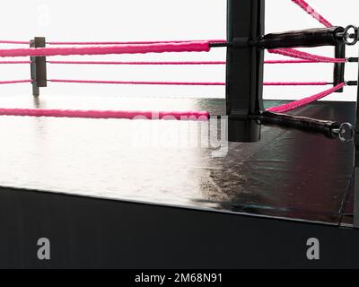 A modern oversized wrestling ring with pink ropes and a black canvas surface on an isolated white studio background - 3D render Stock Photo