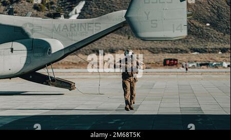 A U.S. Marine aircraft crew chief with Marine Medium Tiltrotor Squadron (VMM) 162, Marine Aircraft Group 26, 2nd Marine Aircraft Wing disembarks an MV-22B Osprey aircraft at the Expeditionary Airfield, Marine Corps Mountain Warfare Training Center, Bridgeport, California, April 19, 2022. Marines and Soldiers were flown to Hawthorne Army Depot, Nevada, to conduct a high altitude night raid exercise on an urban facility. Stock Photo