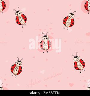 Seamless pattern with love ladybug and text hello sunshine on pink background with hearts. Vector illustration. Endless background for valentines day, Stock Vector