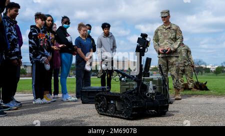 Highschools from the Killeen Independent School District and surrounding areas visited Fort Hood, Texas on April 20, 2022. The students participated in several obstacles courses while learning about the seven Army values. Stock Photo