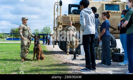 Highschools from the Killeen Independent School District and surrounding areas visited Fort Hood, Texas on April 20, 2022.  The students had the chance to see military equipment and speak with Soldiers about their day-to-day lives in the Army. Stock Photo