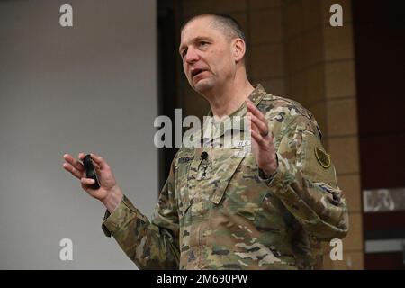 Major General Al Dohrmann, North Dakota National Guard adjutant general speaks to soldiers of the 1-188th Air Defense Artillery Regiment at a town hall meeting at the Grand Forks, North Dakota Armory on April 20, 2022.  General Dohrmann discussed the North Dakota National Guard’s strategic plan and answered soldiers’ questions during the meeting Stock Photo