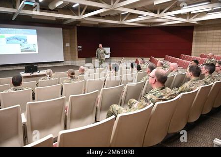 Major General Al Dohrmann, North Dakota National Guard adjutant general speaks to soldiers of the 1-188th Air Defense Artillery Regiment at a town hall meeting at the Grand Forks, North Dakota Armory on April 20, 2022.  General Dohrmann discussed the North Dakota National Guard’s strategic plan and answered soldiers’ questions during the meeting Stock Photo