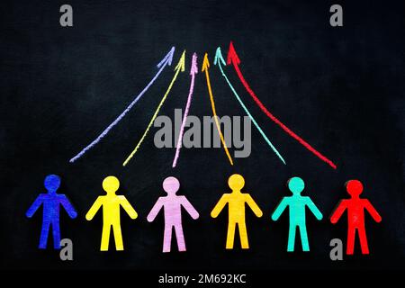 Colorful figures and arrows. Unity and inclusion concept. Stock Photo