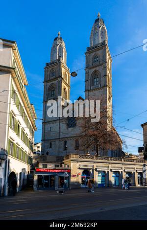 Grossmünster as seen from Münsterhof. The Grossmünster church is a Romanesque-style Protestant church in Zürich, Canton of Zürich, Switzerland. Stock Photo