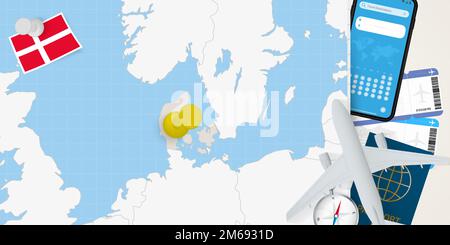 Travel to Denmark concept, map with pin on map of Denmark. Vacation preparation map, flag, passport and tickets. Vector illustration in flat design. Stock Vector