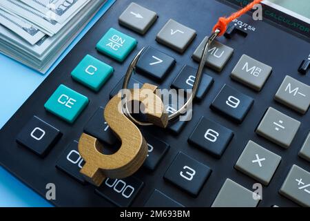 The dollar sign on the hook as a symbol of financial fraud. Stock Photo