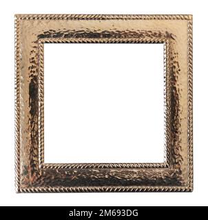 Antique golden frame isolated on white background. Old metal frame with carvings painted with gold paint. Italian heritage and antiqueties Stock Photo