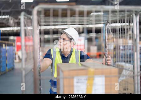 Staff working in large depot storage warehouse push manual trolley deliver box Stock Photo