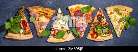 Various taste type pizza pieces with different traditional filling - seafood fish salmon, Hawaiian with chicken, vegetarian vegetable margarita, meat Stock Photo