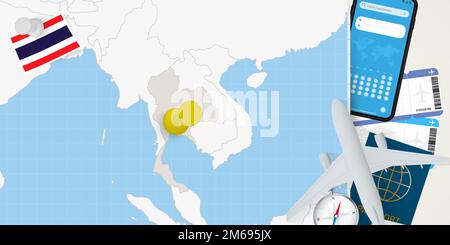 Travel to Thailand concept, map with pin on map of Thailand. Vacation preparation map, flag, passport and tickets. Vector illustration in flat design. Stock Vector