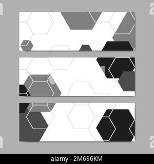 Black and white hexagon geometric pattern banner vectors set Stock Vector
