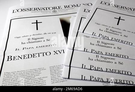 Vatican City, December 31, 2022: Special Edition of Vatican newspaper L'Osservatore Romano which reports the news of the death of POPE BENEDICT XVI Stock Photo