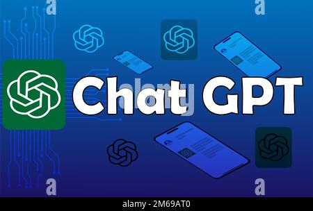 CHATgpt conversation method illustrations. text chat GPT with open ai logo and  background. chatgpt on a blue digital and futuristic background. Stock Photo