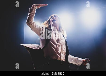 TEATRO CONCORDIA, VENARIA, ITALY: Damiano David, singer of the Italian rock band Maneskin, performing live on stage for 'Il ballo della vita' tour Stock Photo