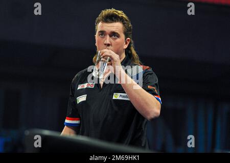 LONDON, ENGLAND - DECEMBER 19: Danny Jansen of the Netherlands reacts  during Day Five of the Cazoo World Darts Championship at Alexandra Palace  on December 12, 2022 in London, England. (Photo by