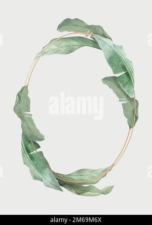 Gold oval badge decorated with bird of paradise leaves on a white background vector Stock Vector