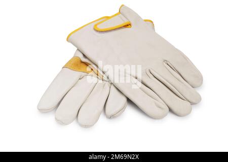 Studio shot of a pair of new leather gardening gloves cut out against a white background - John Gollop Stock Photo
