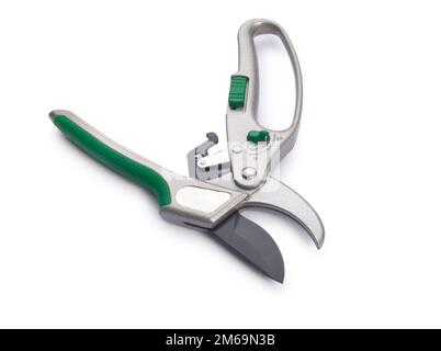 studio shot of a pair of garden secateurs cut out against a white background - John Gollop Stock Photo