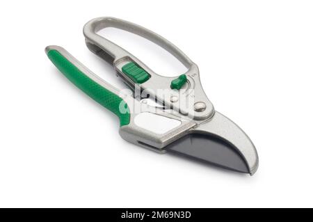 studio shot of a pair of garden secateurs cut out against a white background - John Gollop Stock Photo
