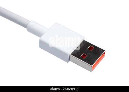 High quality generic white color USB data cable compatible with all mobile phones. Designed to connect micro USB devices including phones and tablets. Stock Photo